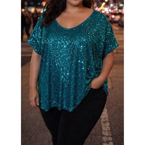 Lane Bryant Tops - Lane Bryant Teal Blue Sequin V-Neck Dolman Sleeve Top Plus Size 22/24 NWT